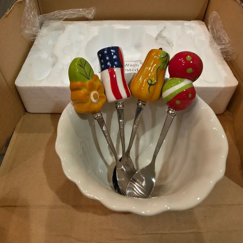 Celebrating Home Stoneware 5‎ Piece Serving Set Bowl 4 Seasonal Spoons 93513 NEW